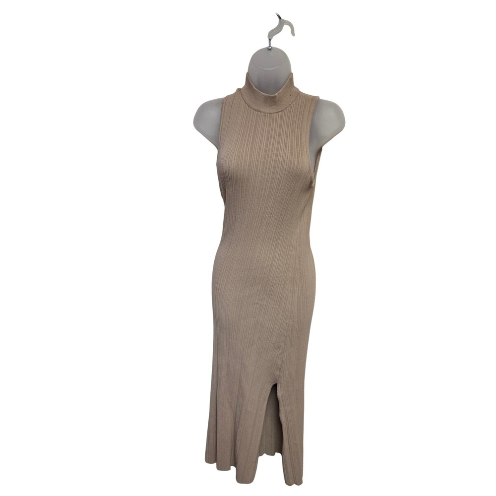 LEYDEN Ribbed Mock Neck‎ Sleeveless Midi Dress - Neutral Beige Bodycon Slit